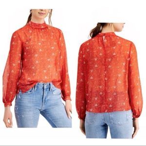 French Connection Delmira Crepe Top Blouse Sheer Floral Red